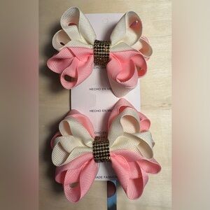 Pink and Cream Hair Bows with Rhinestone Accent